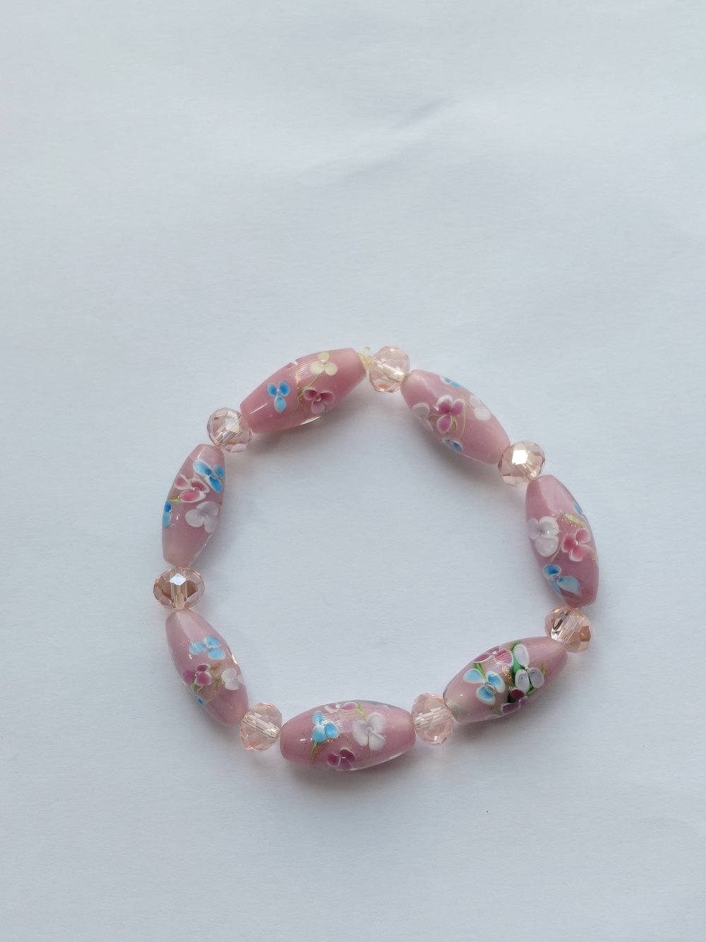 Floral Pale Pink Oval Lampwork Bead and Pink Crystal Bead Stretchy Bracelet
